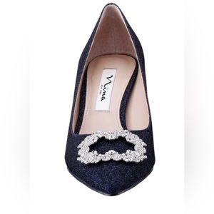 WOMENS NAVY TEXTURED METALLIC JEWELED MID-HEEL CLASSIC DRESS PUMP